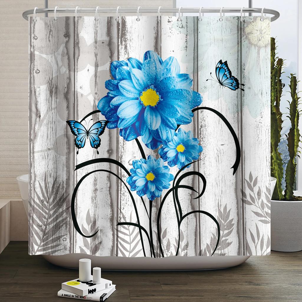Rustic Sunflower Daisy Shower Curtain Butterfly Floral Vintage Country Farmhouse Flower Wooden Board Waterproof Bathroom Curtain