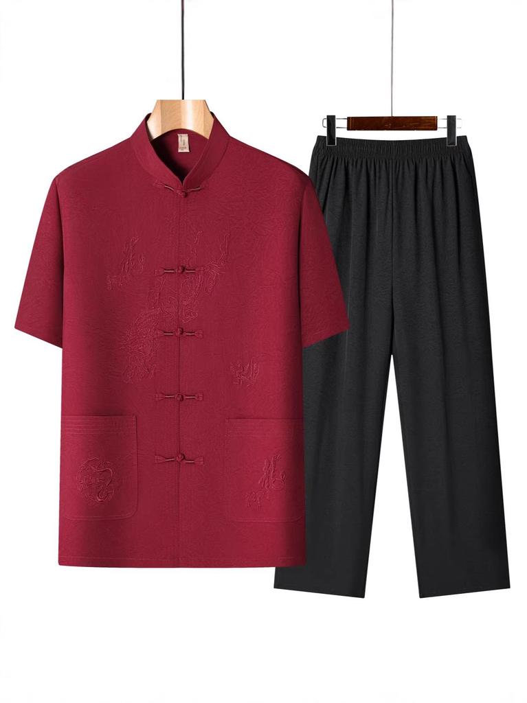 Chinese Grandpa Hanfu Summer Short Sleeve Outfit for Middle-Aged Men