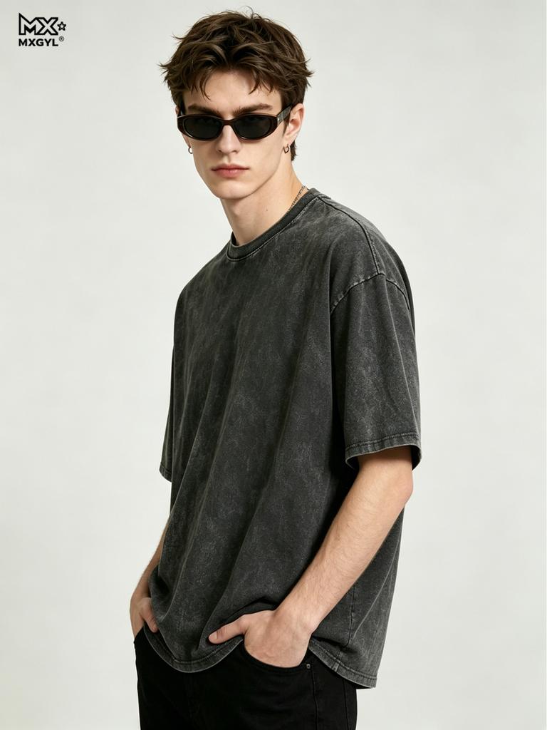 Men's 100% Cotton Acid-Washed T-shirts Solid Custom Print Vintage Tee Washed Oversized T Shirt Tops Harajuku Streetwear Top