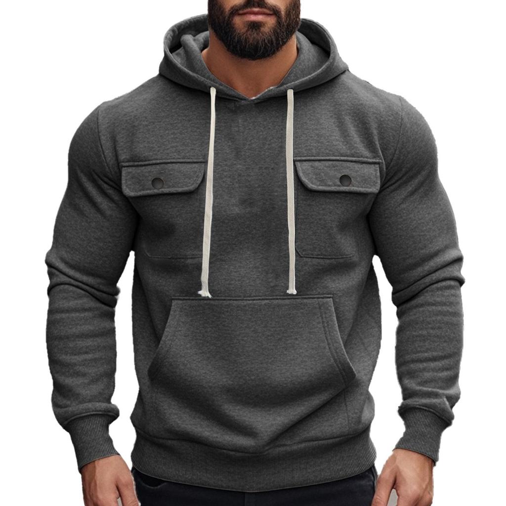 Men's American Style Heavyweight Plus Velvet Hooded Outdoor Workwear Sweatshirt - Multi-Pocket, Long Sleeve, Autumn/Winter Warmth