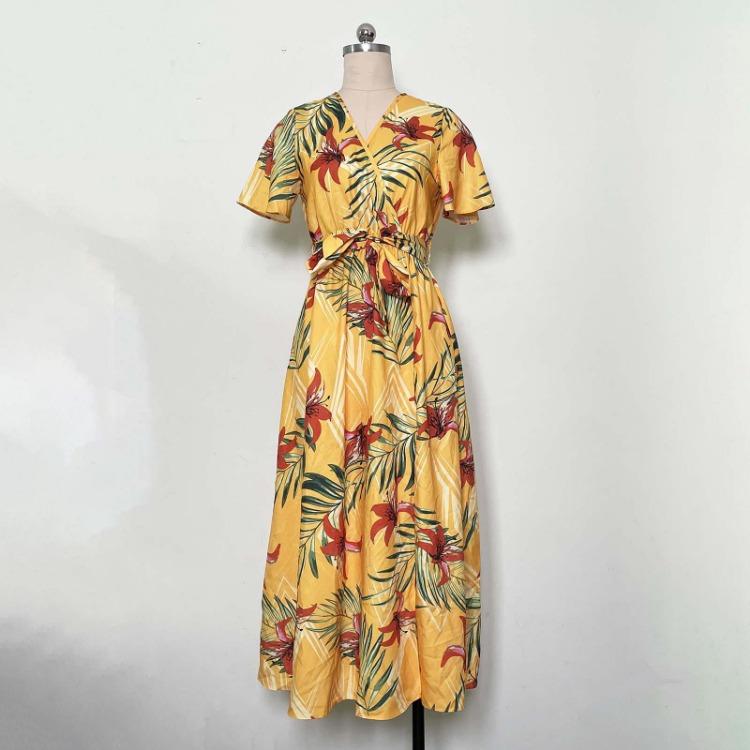 Women Summer High Waist A Line Dress Ethnic Printed Short Sleeve Lace Up