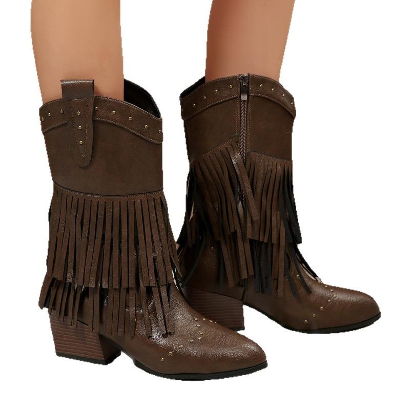 Vintage Tassel Boots 2025 Winter New Rivet Pointed Toe Plus Size Western Mid-leg Boots