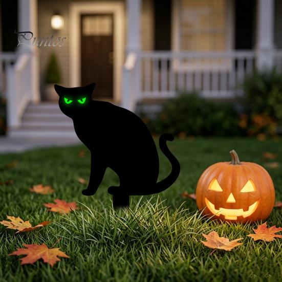 Durable Halloween Yard Signs Garden Stake, Black Cat Sign with Glow-in-the-dark Easy Installation Stakes Eyes, Waterproof Spooky Ghost Silhouette for