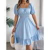 GMXIA Spring and Summer Casual Square-neck Short-sleeved, Waist-cinched, Ruffled A-line Skirt Women's Clothing