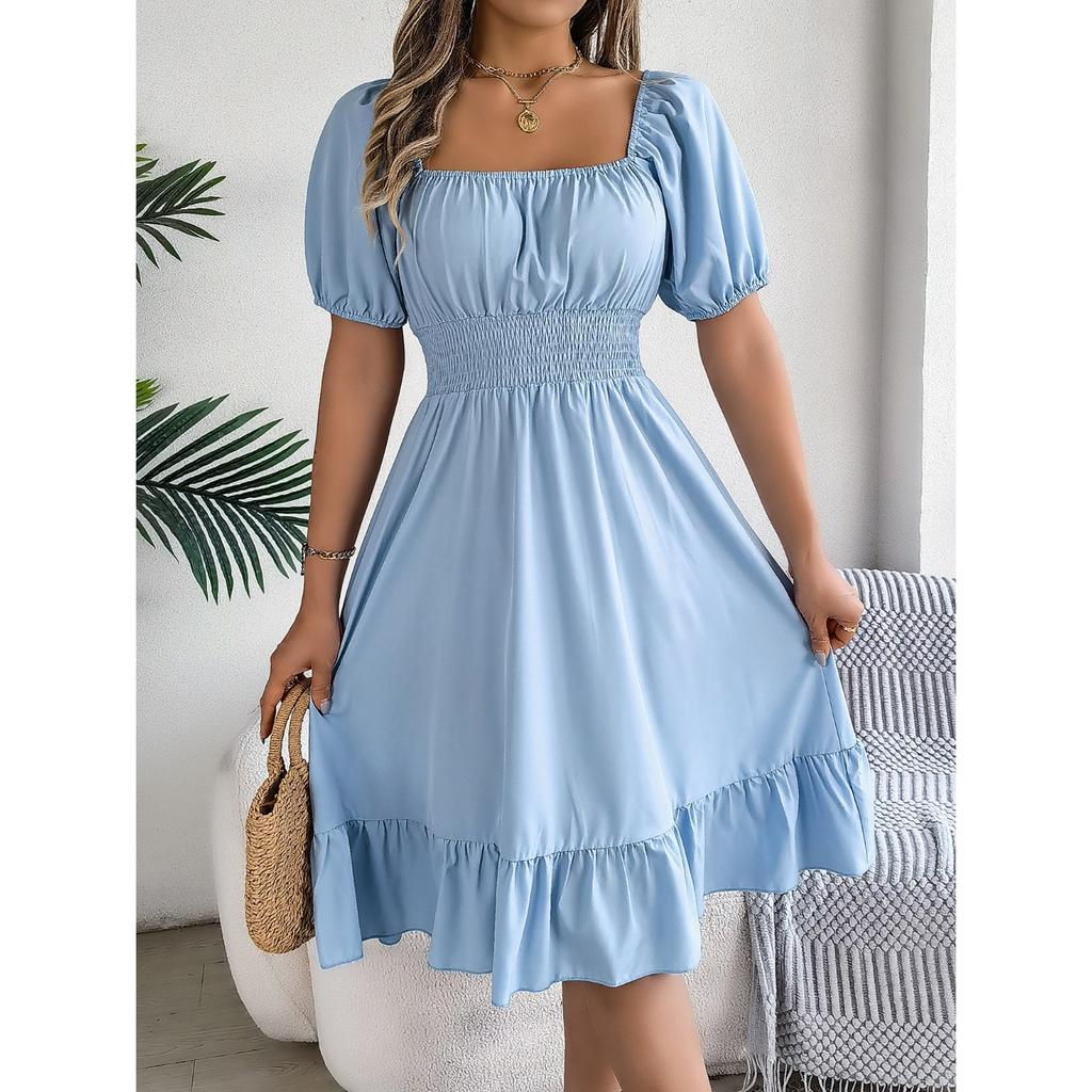 GMXIA Spring and Summer Casual Square-neck Short-sleeved, Waist-cinched, Ruffled A-line Skirt Women's Clothing