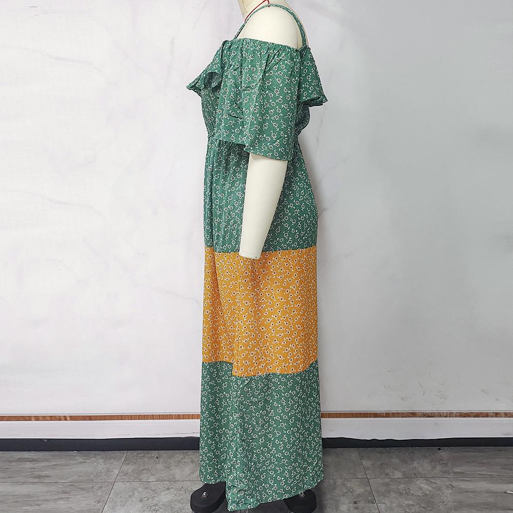 Plus Size Women Spring Summer Sling Ruffled Contrast Color Loose Floral Long Dress XL-4XL