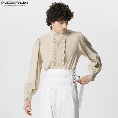 Vintage Retro Spring Men Long Puff Sleeved Ruffled Shirts