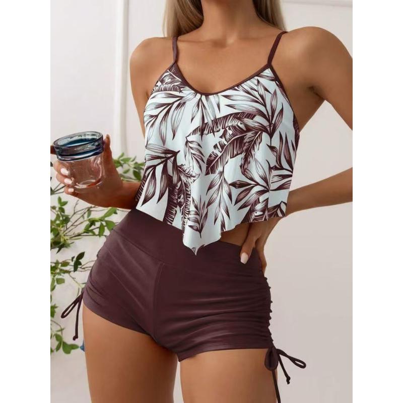 Costum de baie sexy cu talie înaltă, bikini din două piese, costum de baie cu imprimeu frunze, cu bretele strânse, îmbrăcăminte de plajă, costum de baie de vară pentru femei, de mare