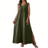 Ärmelloses V-Ausschnitt Maxikleid Lockerer Schnitt Langes Kleid Leichte Leinenoptik Sommer Freizeitkleid mit Seitenschlitz für Damen