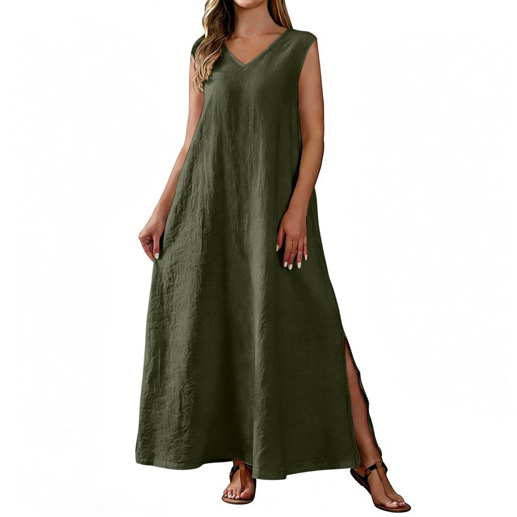 Ärmelloses V-Ausschnitt Maxikleid Lockerer Schnitt Langes Kleid Leichte Leinenoptik Sommer Freizeitkleid mit Seitenschlitz für Damen