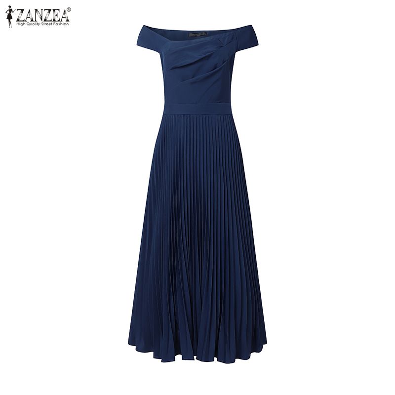ZANZEA Women Elegant Off Shoulder Sleeveless Pleated Party Dress