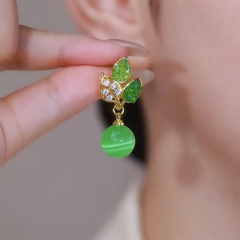 Silver Needle Diamond Glass Hollow Leaf Earrings Low-key Light Luxury High-end Earrings Fashion Retro Temperament Earrings Women