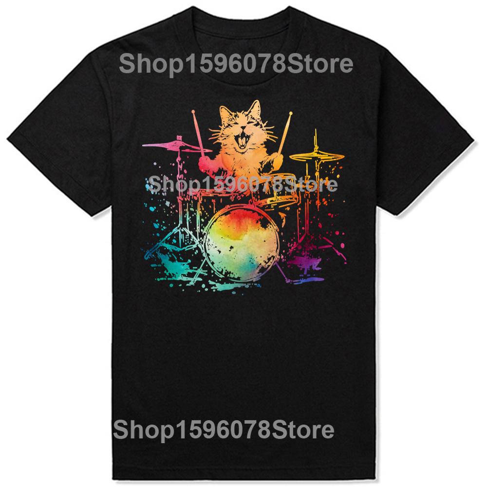 Funny Cat Drummer Drums Drumming Music Lover Tshirts Men Womens Fashion Casual Tshirt 100 Cotton Loose Oversized T Shirt