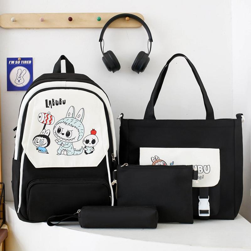 

Наборы из 4 предметов Рюкзак LABUBU для школы Милый мультяшный Вместительная сумка для учебы для студентов средней школы Рюкзак с высокой ценностью из четырех предметов чёрный
