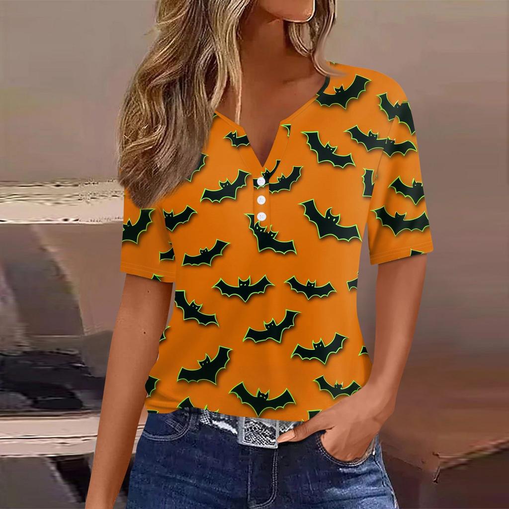 Women's T Shirt Halloween Print Button Short Sleeve Daily Weekend Fashion Basic V- Neck Regular Top