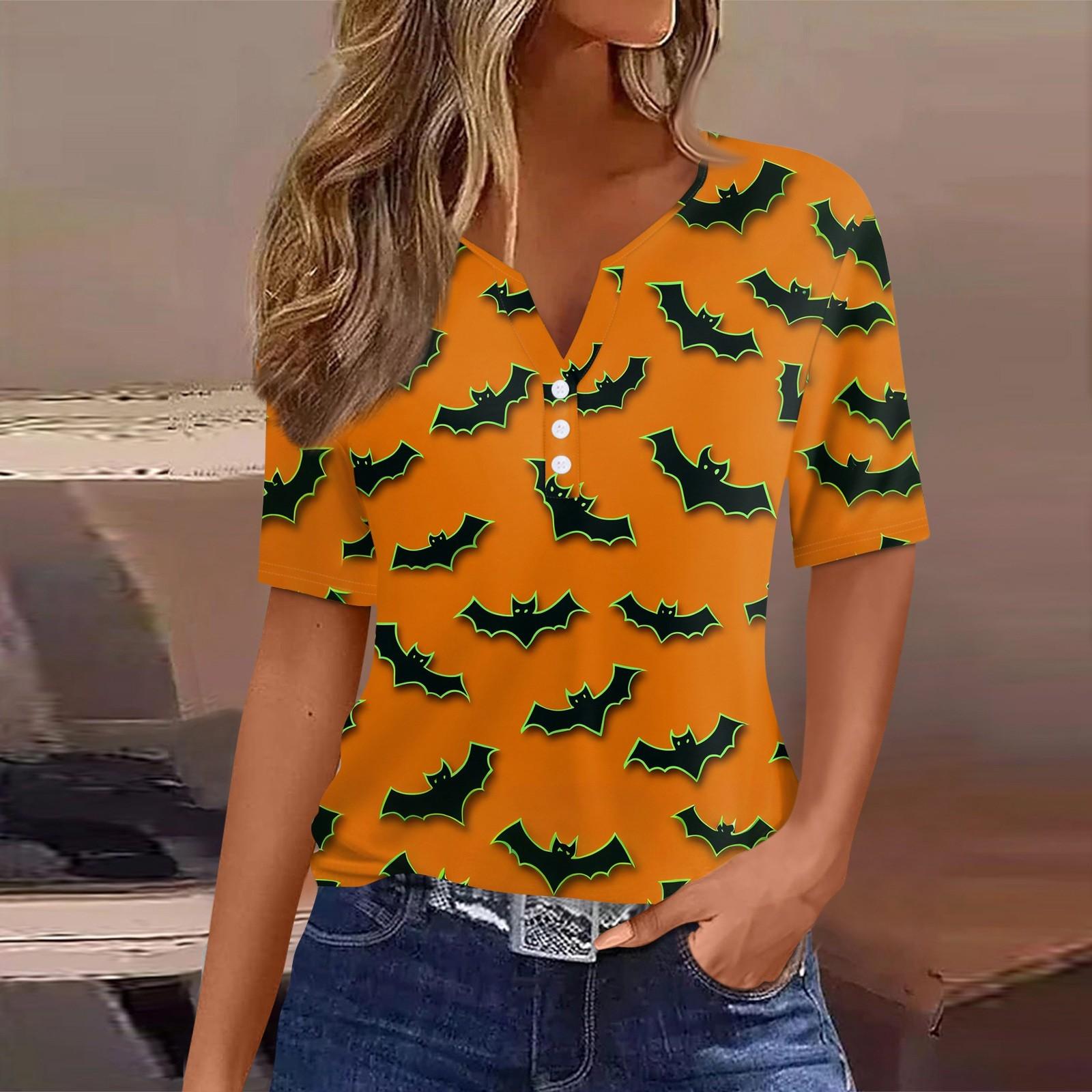 

Women s T Shirt Halloween Print Button Short Sleeve Daily Weekend Fashion Basic V- Neck Regular Top XL
