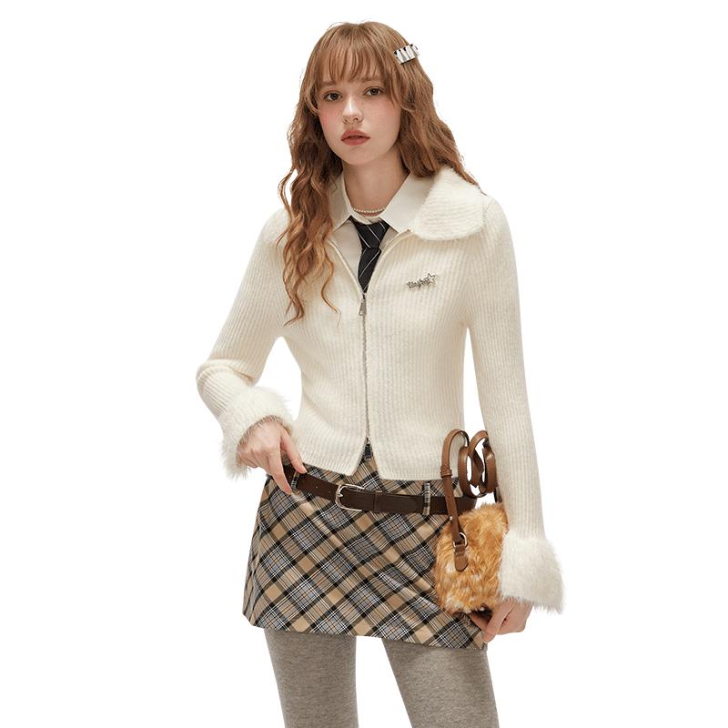 

UNIFREE Fuzzy Lapel Double Zipper Knitted Cardigan One Size