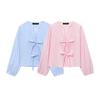 Kaslead New Women Clothes Western Style Fashion Bowknot Decoration Stripe Poplin Shirts 0387058