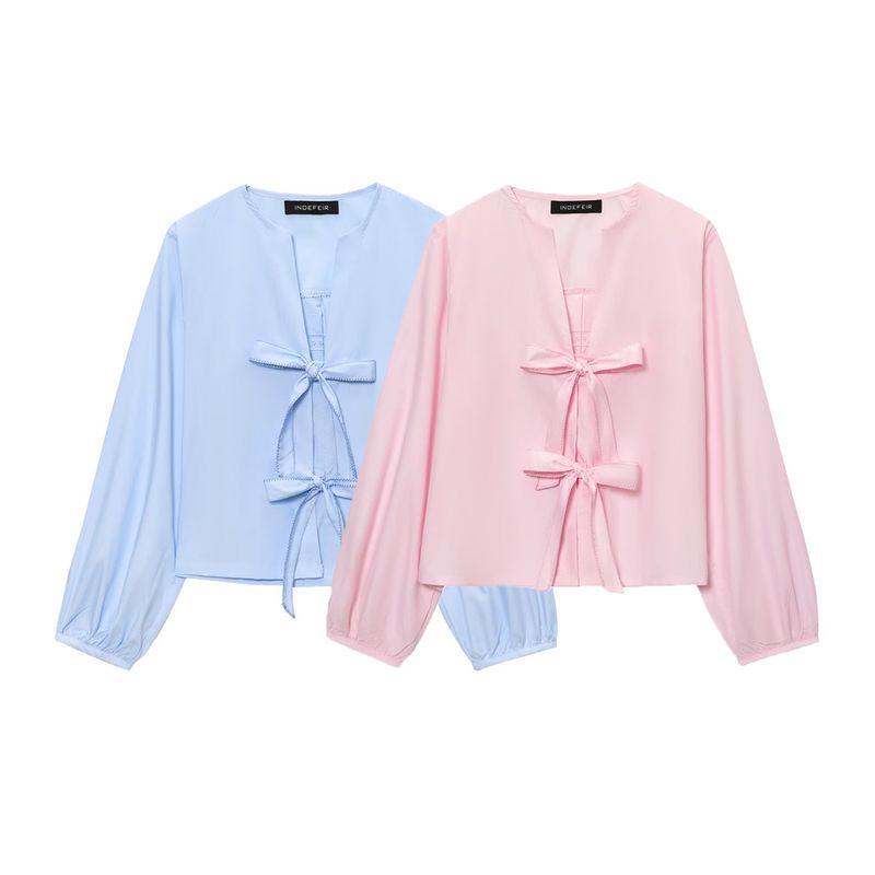 Kaslead New Women Clothes Western Style Fashion Bowknot Decoration Stripe Poplin Shirts 0387058