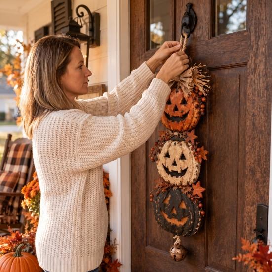 Durable Composite Resin Craft Halloween Stacked Pumpkin Door Hanger, Vintage Jack‑O‑Lantern Wall Hanging Ornament, Farmhouse Fall Home Accents