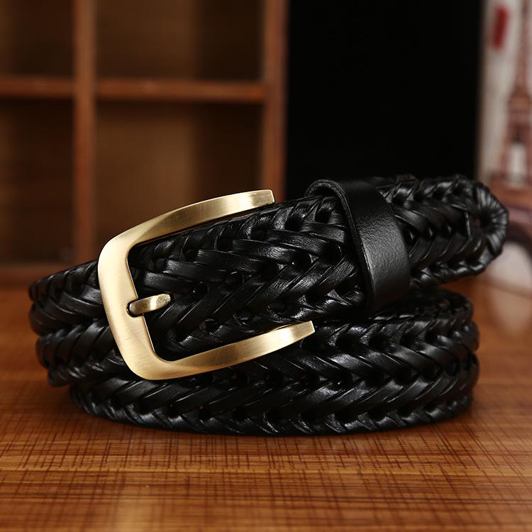 Handmade Woven Leather Belt with Alloy Buckle - Unisex Casual Fashion for Jeans