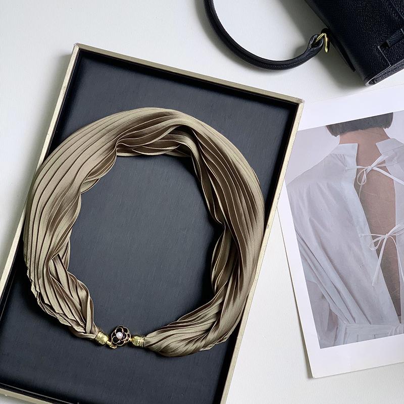 New Monochrome Magnetic Variety Silk Scarf Necklace Women's Pleated Summer Sunscreen Headscarf Decorative Scarf
