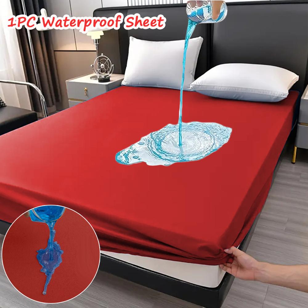 Super Waterproof Fitted Sheet Solid Color Non-Slip Mattress Protector Cover Comfortable Bedding with Elastic Band Deep Pocket