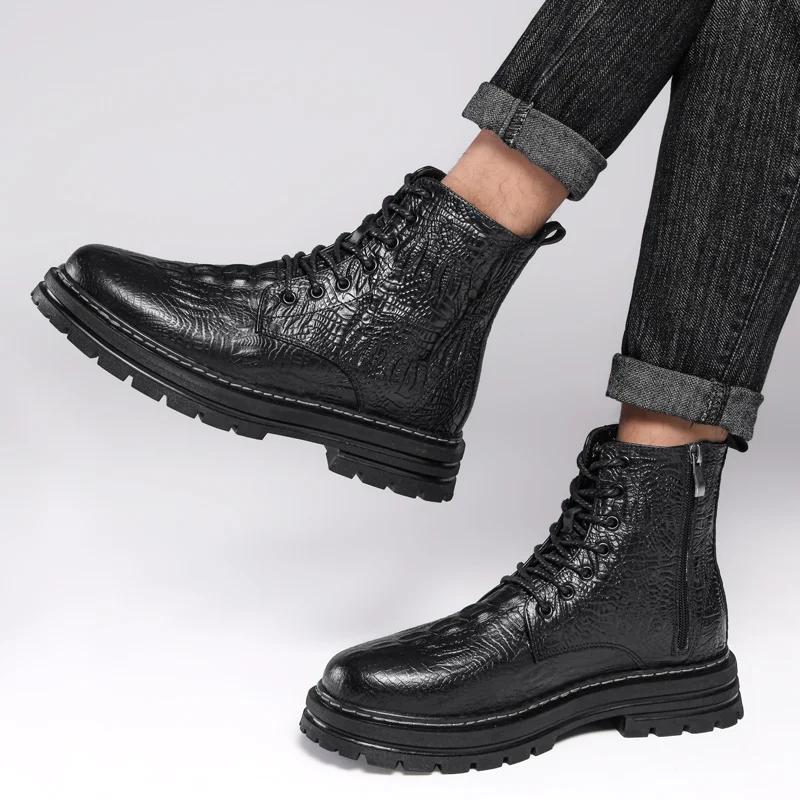 Moda Pelle Screpolata Stivali Denim Stringati da Uomo Vera Pelle Scarpe Casual Inverno Velluto Stivali da Moto Fondo Spesso Stivali Caldi da Uomo