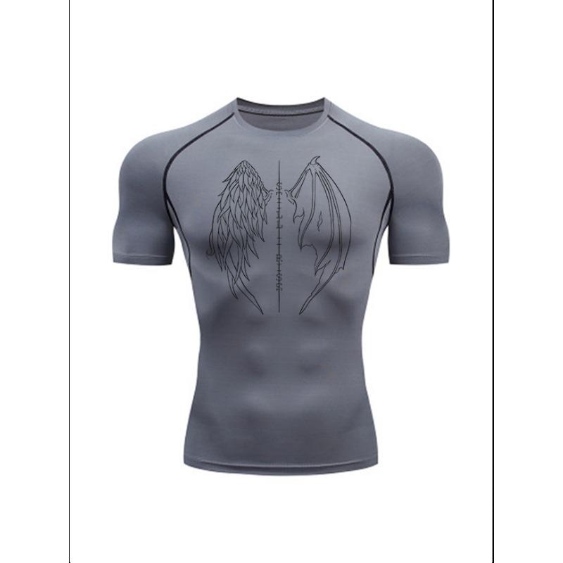 Men'S Angel Demon Wings Print Compression T-Shirt, Quick Dry Short Sleeve Gym Workout Tee, Gothic Angel Devil Athletic Fitness Training Top