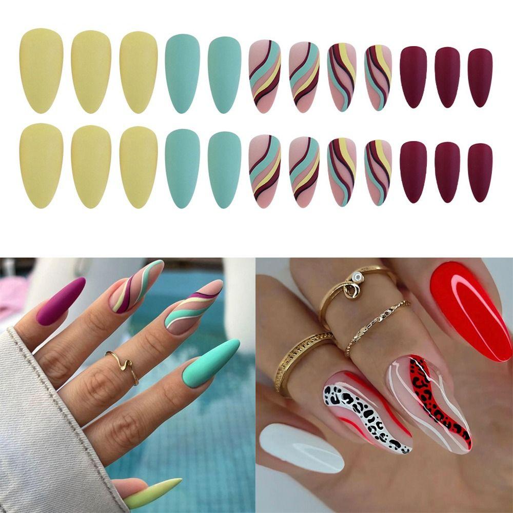 

24pcs Nail Tips Full Cover Manicure Stars Wavy False Nails Fake Nails Long Almond