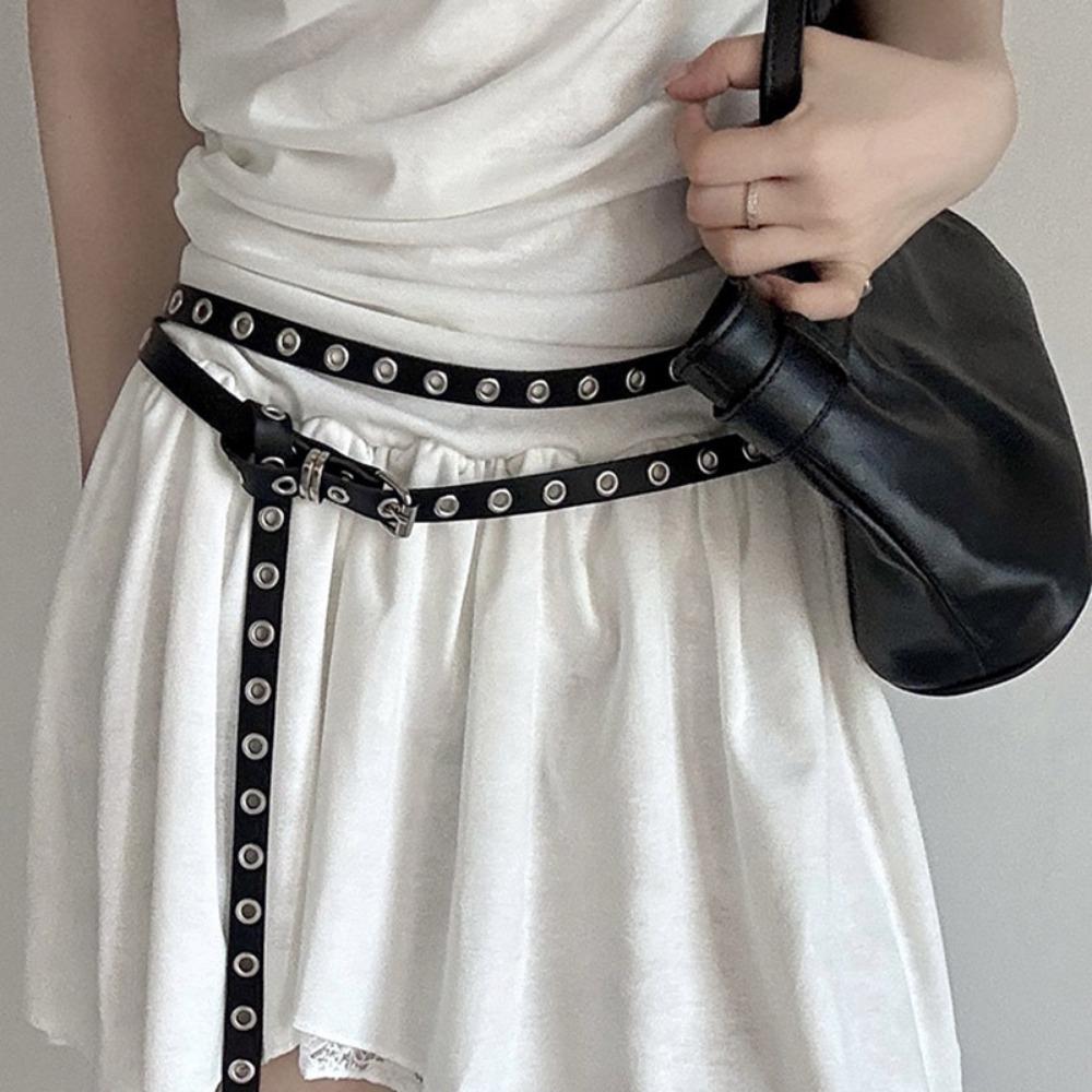 

High Quality Double Loop Thin Belt PU Leather Rivet Eyelet Buckle Belts Dress Accessories чорний