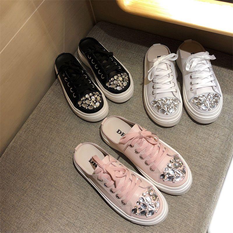 Baotou Half Slippers Women's Fashion Outer Wear 2025 New Summer Rhinestone Lazy Breathable Women's Shoes Platform Tide Sandals