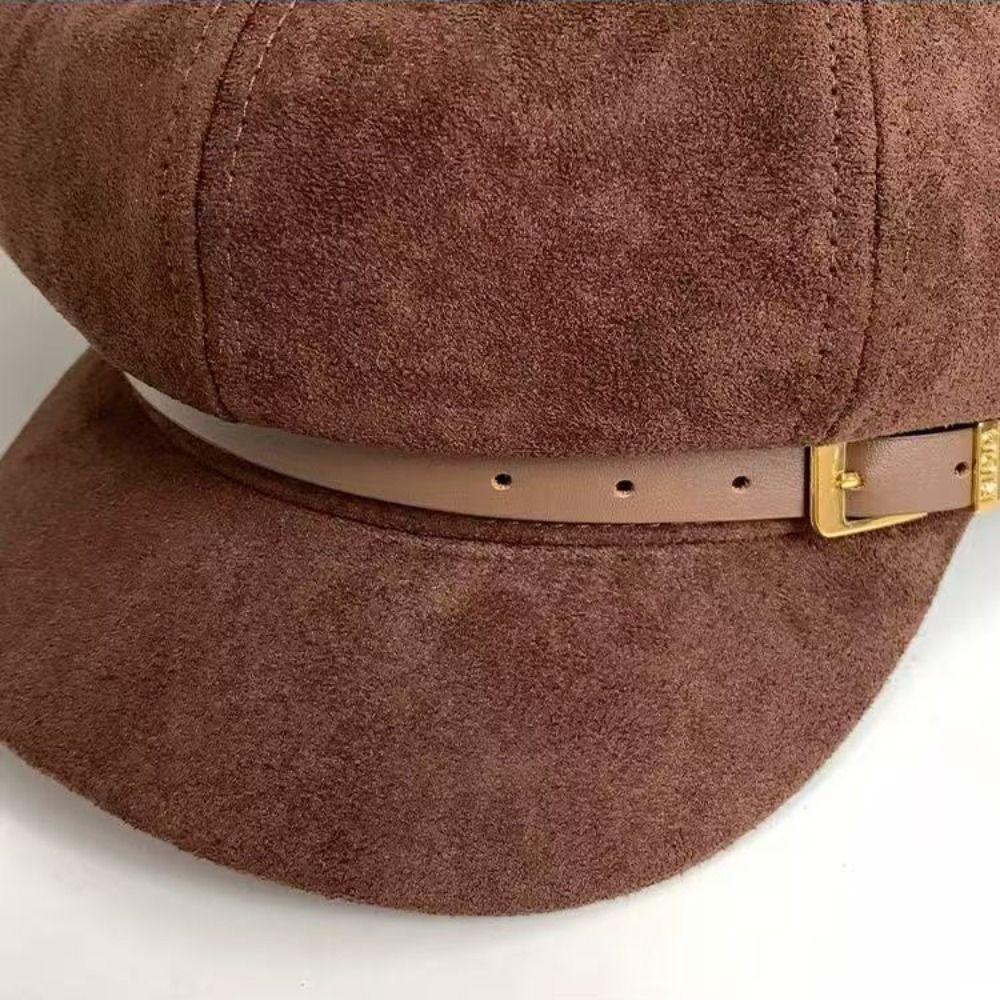 British Style Pu Leather Beret Belt Buckle Painter Hat Fashion Suede Octagonal Hat  Streetwear