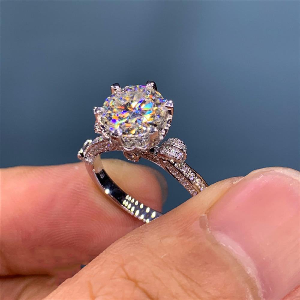

PT950 Plated White Gold Moissanite Open Ring Floral Bud Crown Style 6 Prong Womens Jewelry adjustable