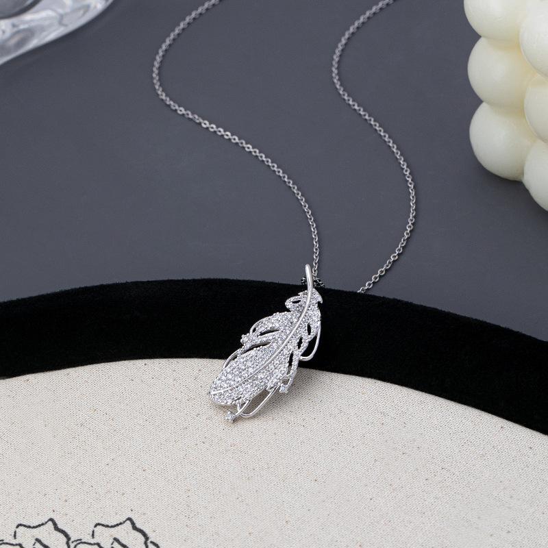 Internet celebrity explosion exquisite full diamond set zirconium feather necklace light luxury niche women versatile temperament pendant collarbone