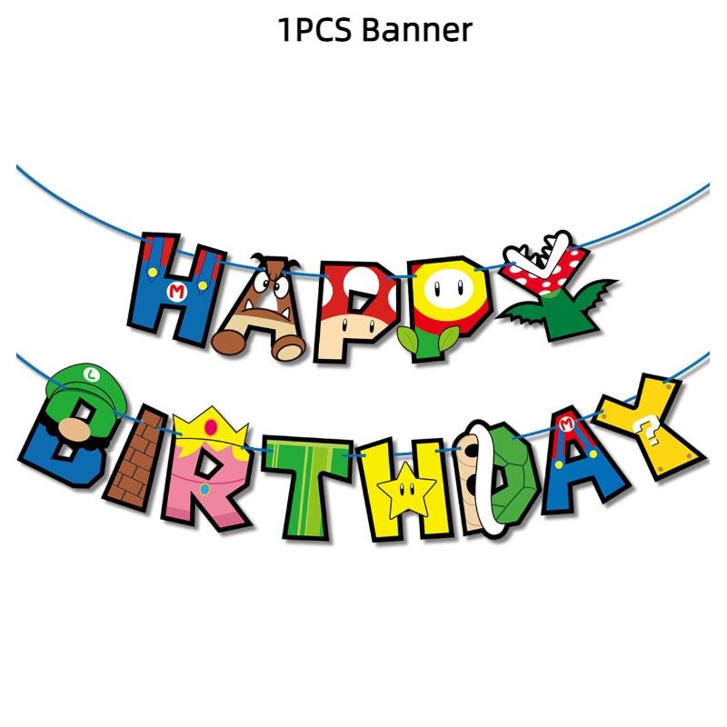 Super Mario Geburtstagsparty Dekorationsset Cartoon-Themenflaggen und Kuchenaufsätze