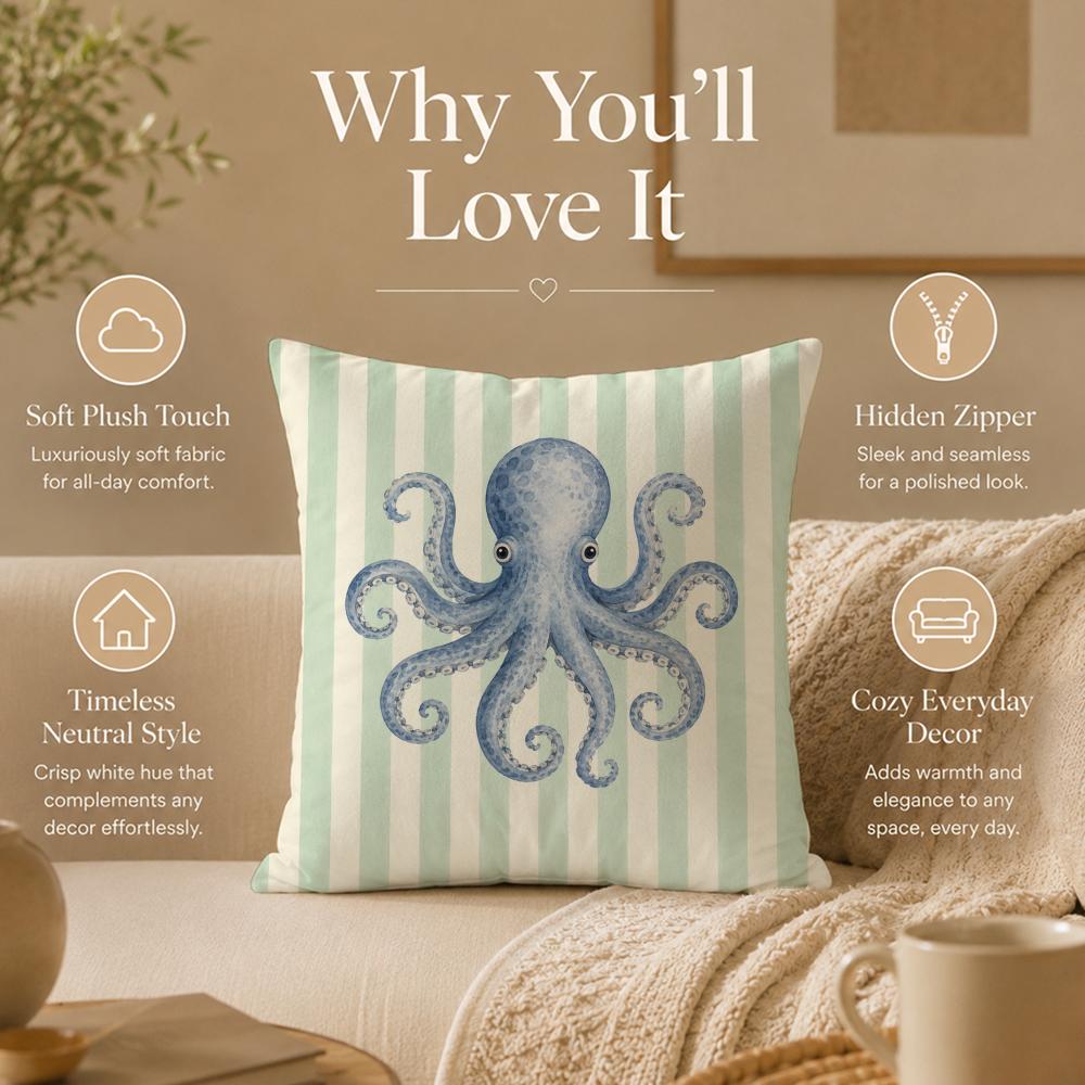 Ocean Life Theme Striped Cushion Cover Double-Sided Printed Pillow Cover Hypoallergenic Dust-Mite Proof