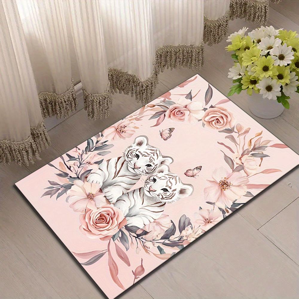 Tigers and Flowers Crystal Velvet Area Rug - Durable Polyester Chair Mat for Bedroom, Cloakroom, Reading Room, Living Room, and