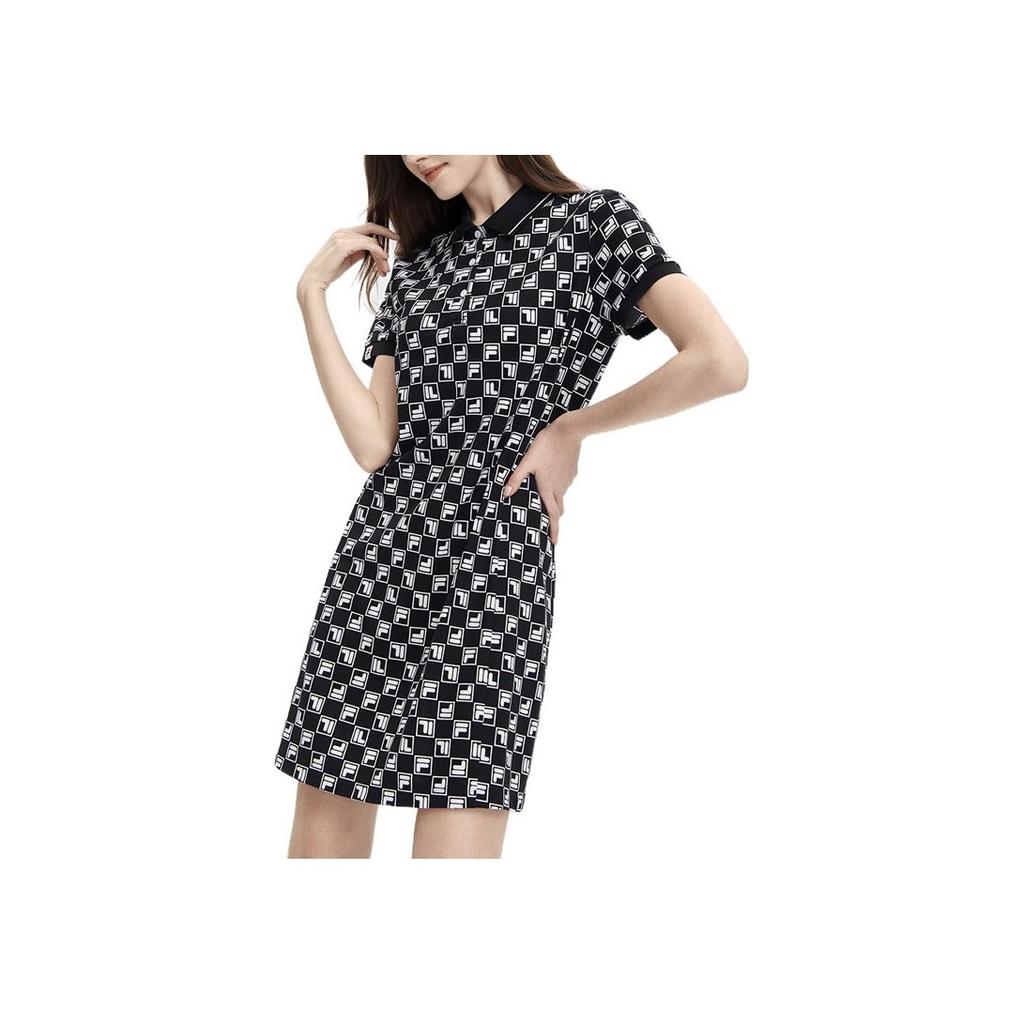 FILA American Series All Over Logo Print Vintage Sports Casual Slim Fit Knitted Polo Breathable Short Sleeve Dress Women dresses F11W329314FZB