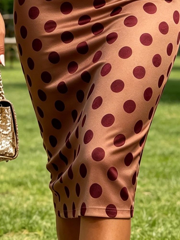 Summer Women's One Shoulder Midi Dress Polka Dot Print Brown Bodycon Sundress