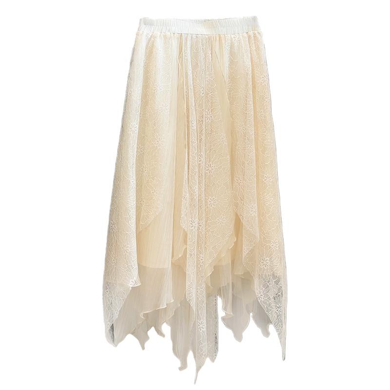 Irregular Cut Lace Splicing Puffy Skirt Women's Spring New High Waist A Word Loose Big Swing Umbrella Skirt