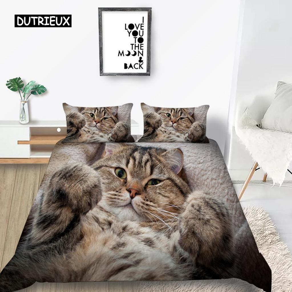 Cat Duvet Cover Set King Size Microfiber Cute Animal Print Girl Teen Kid Comforter Cover Lovely Kitty Series Pattern Bedding Set