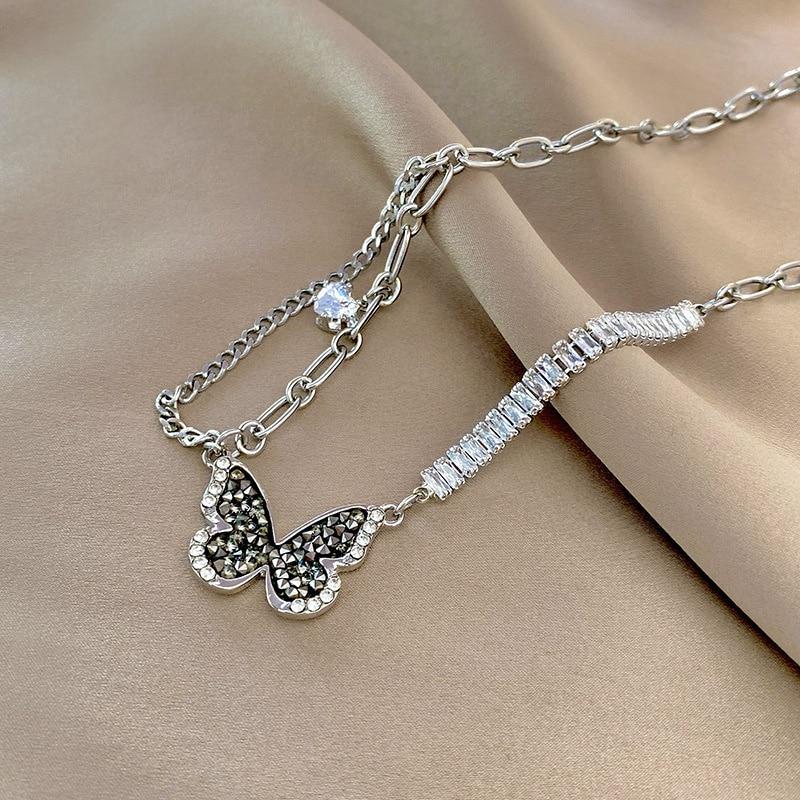 Luxury Black Zircon Love Butterfly Necklace For Women Sweet Crystal Chain Tassel Pendant Necklace Clavicle Choker Collar Jewelry