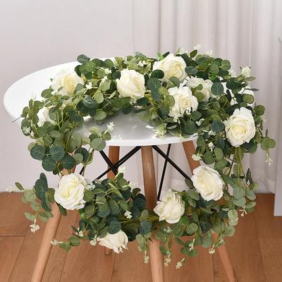 Imitation Eucalyptus Leaves Rattan Silk Roses Fake Flowers Vines Garden Balcony Living Room Decoration Artificial Rose Vine