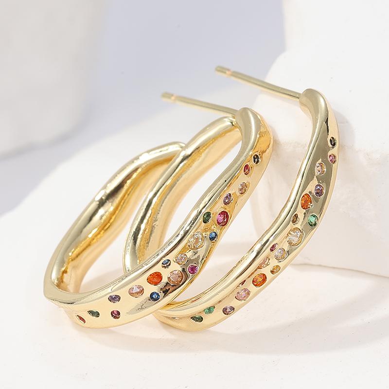Concise Inlaid Multi-color Synthetic Zircon Irregular Hoop Earrings Women's Elegant Golden Plated Wedding Jewelry Crafts