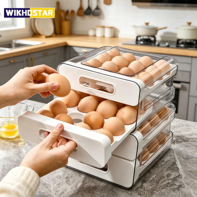 32 Compartment Egg Storage Box Double Drawer Plastic Transparent Egg Rack Refrigerator Crisper Kitchen Organization Egg Carton