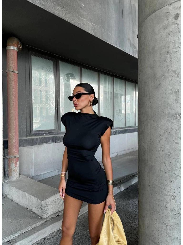 2026 Summer Women's European & American Style Slim-Fit Waist-Cinching Shoulder Pad Dress