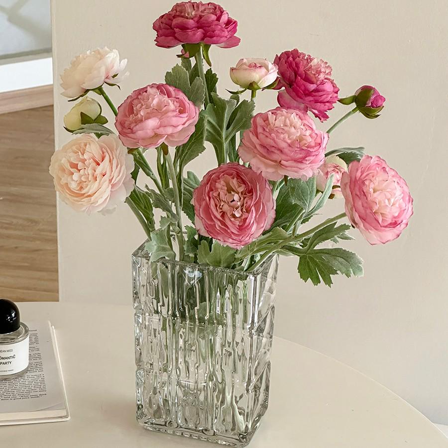 Composizione Floreale Artificiale di Peonie e Ranuncoli Floccati per Arredamento Casa