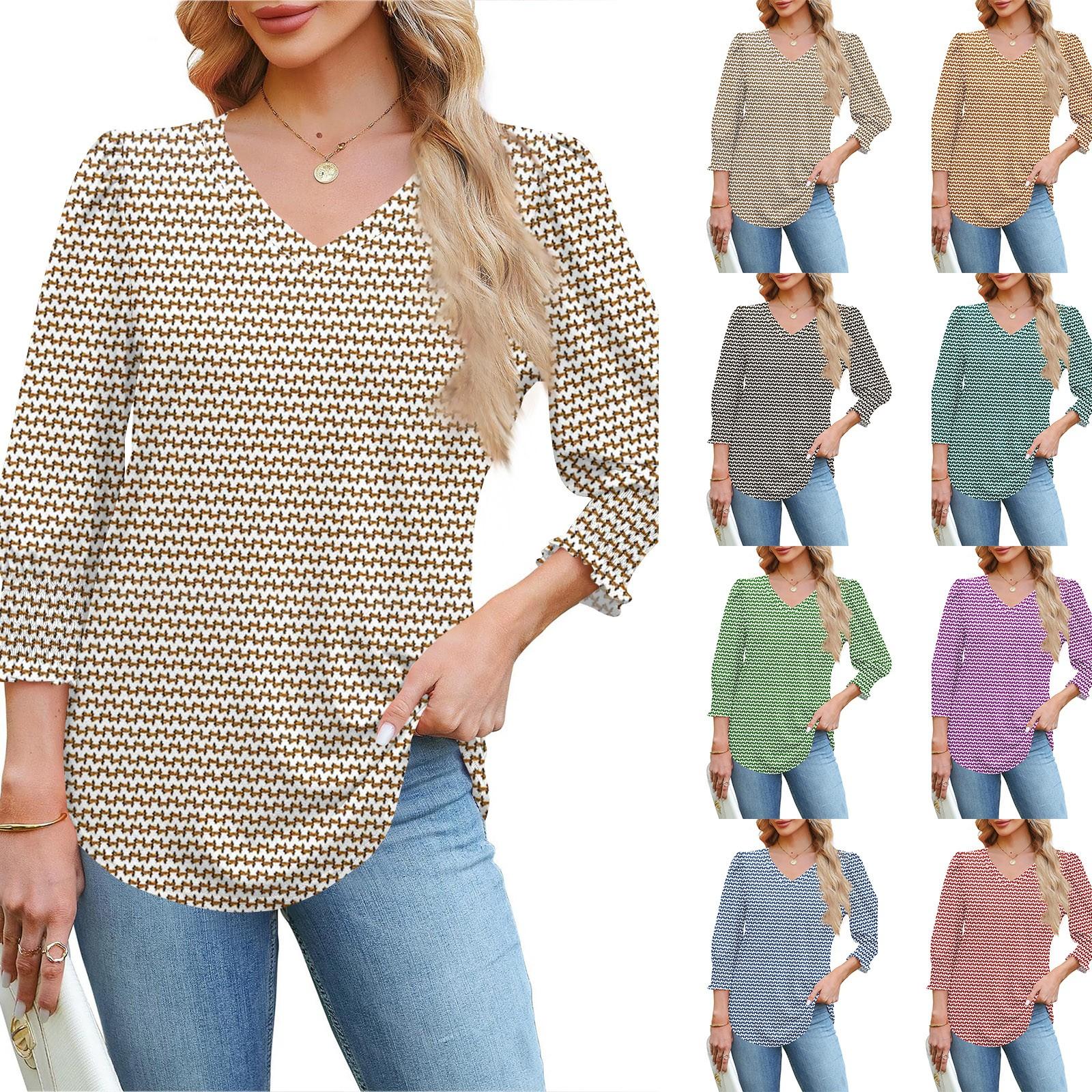 

3/4 Sleeve Tops For Women T-Shirt Casual Print Tops T Shirt Round Neck Pullover Blouse L зелений