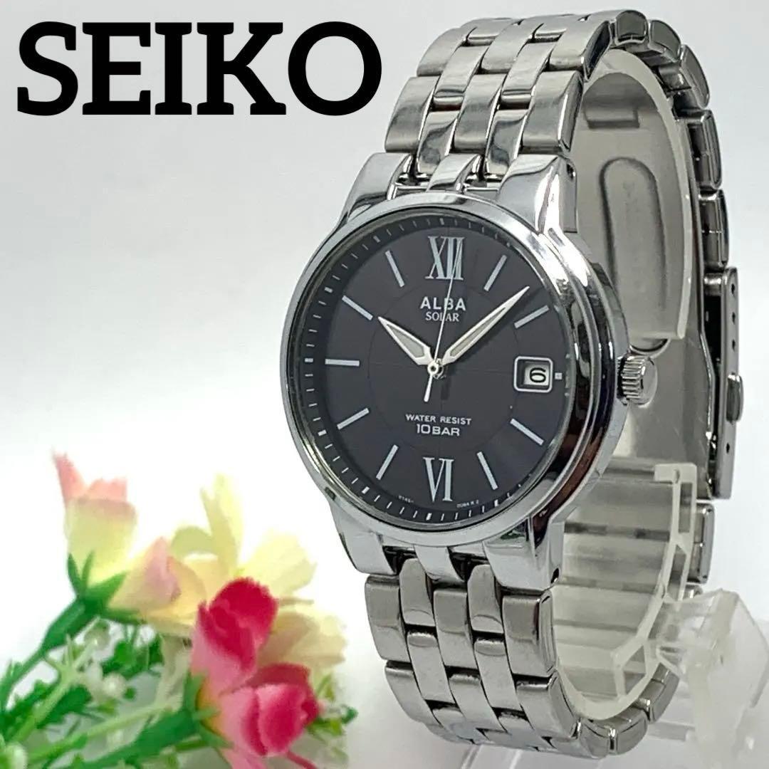 287 [Очищено] Рабочий предмет Мужские часы SEIKO Seiko ALBA Alba Прибл.. 16,8 см Серебристо-черный Дата Солнечный тип Римские цифры Популярный